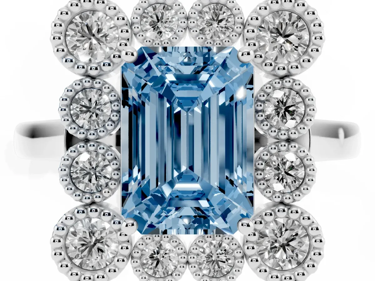 Fancy Blue Emerald Cut Halo Diamond Cluster Engagement Ring with Milgrain Bezel Setting and Solitaire Band Platinum