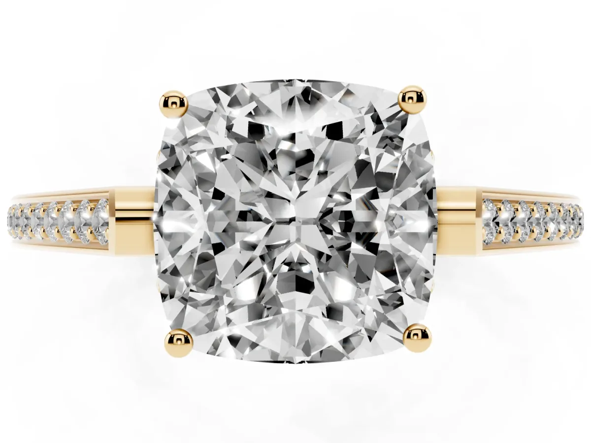 Cushion Cut Cut Cathedral Pave Diamond Engagement Ring with Six-Prong Setting Yellow gold