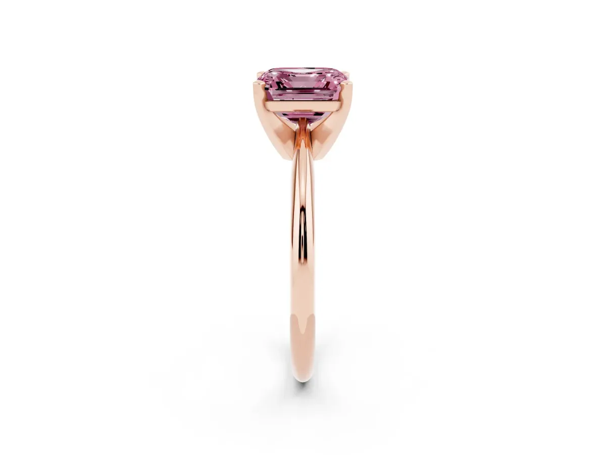 Fancy Pink Asscher Cut Cut Solitaire Ring with Four-Prong Setting on a Classic Band Rose gold