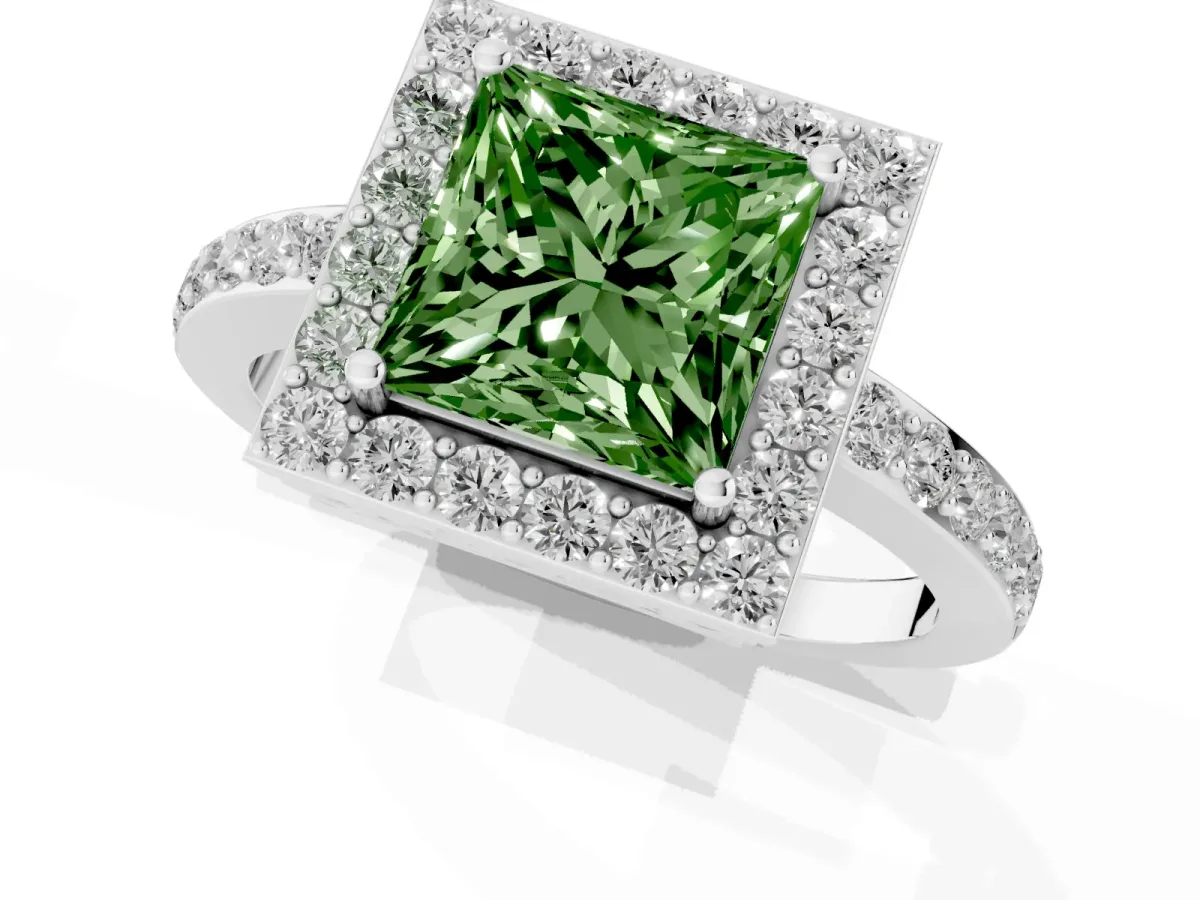 Fancy Green Princess Cut Halo Diamond Pavé Band Ring with Prong Setting Silver