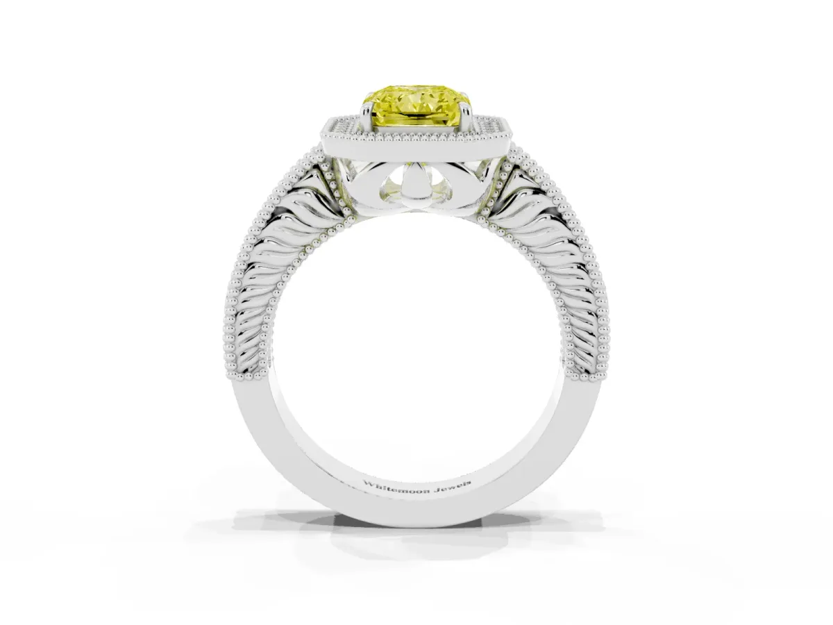 Fancy Yellow Radiant Cut Cut Halo Diamond Ring with Pavé Band and Four-Prong Setting Silver