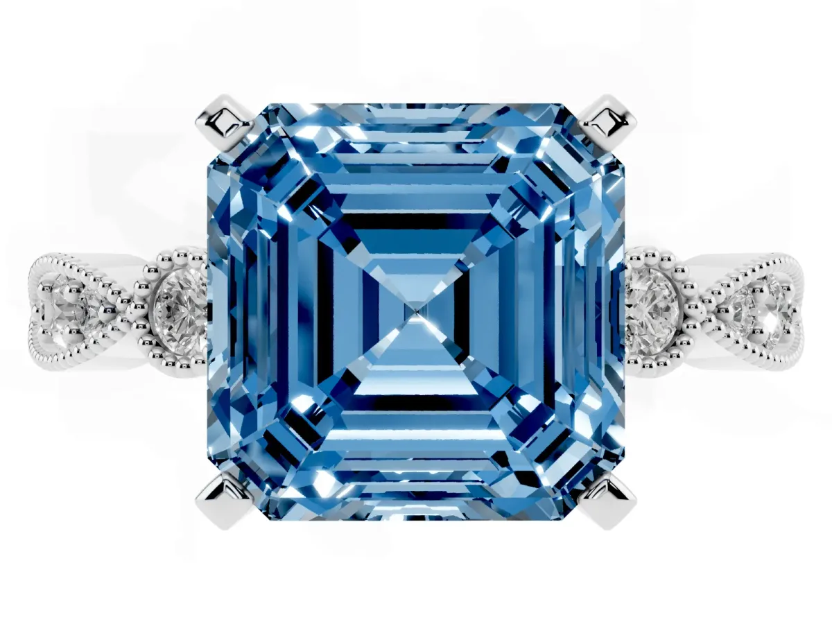 Fancy Blue Asscher Cut Milgrain Bezel Diamond Engagement Ring with Solitaire Prong Setting Silver