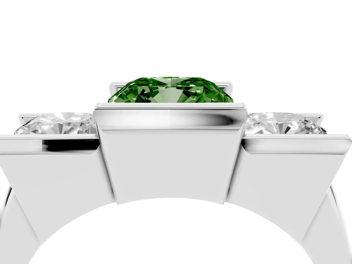 Fancy Green Three Stone Cushion Cut Cut Channel Set Diamond Ring Silver