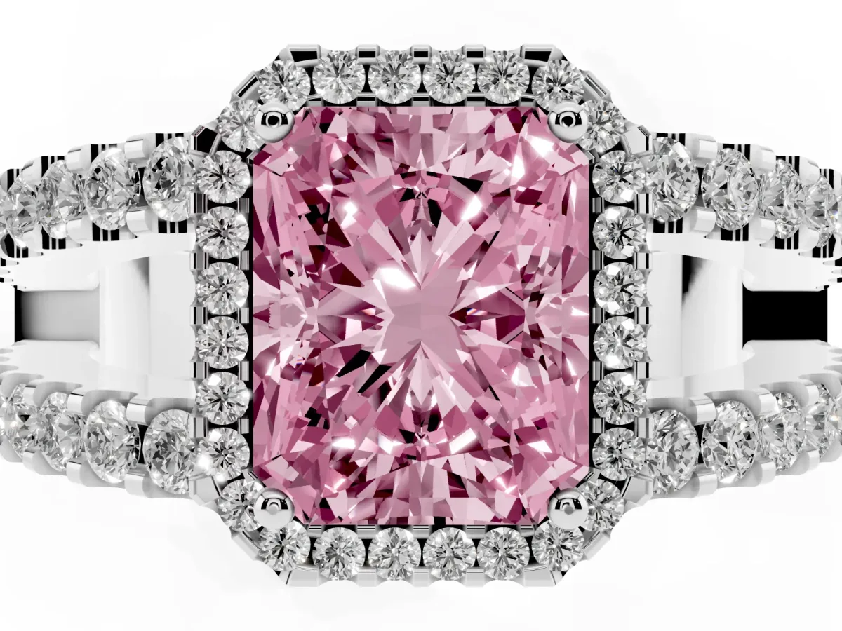 Fancy Pink Radiant Cut Cut Halo Split Shank Diamond Ring with Four-Prong Setting Silver