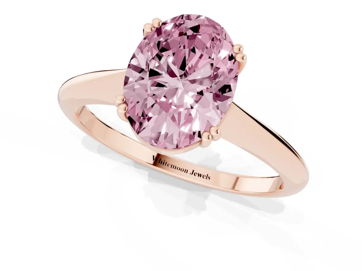 Fancy Pink Oval Cut Solitaire Diamond Ring with Six-Prong Setting and Classic Band Rose gold