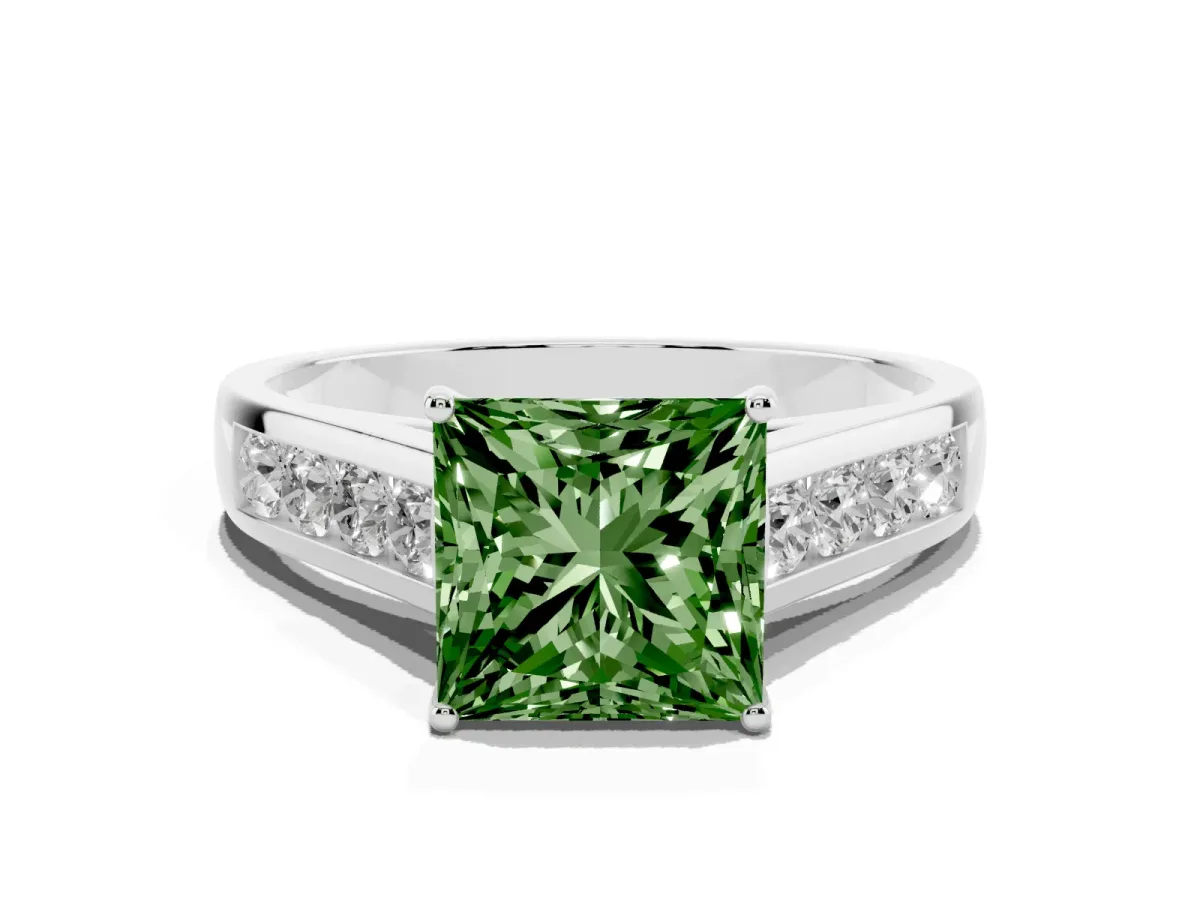 Fancy Green Princess Cut Solitaire Channel-Set Diamond Engagement Ring with Four-Prong Setting Silver