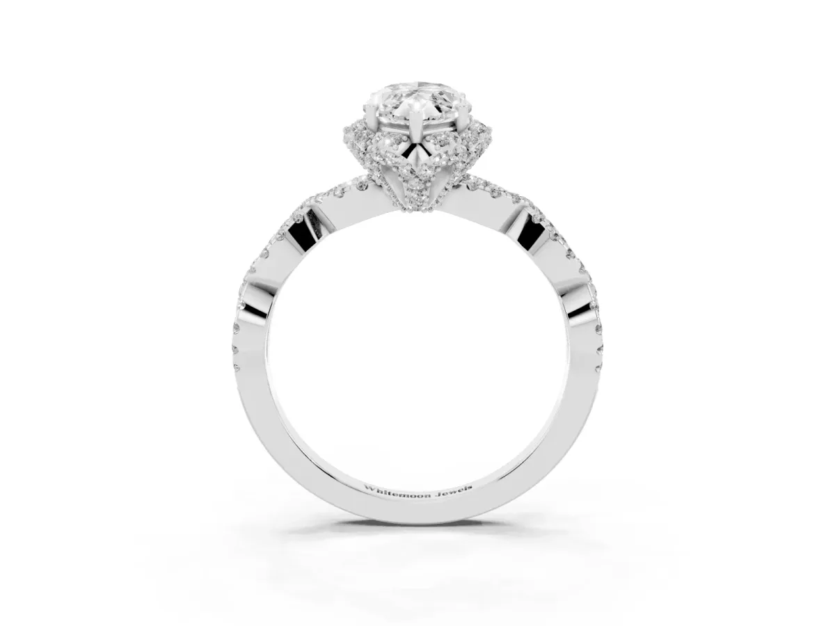 Marquise Cut Halo Twist Band Solitaire Ring with Six-Prong Setting Silver