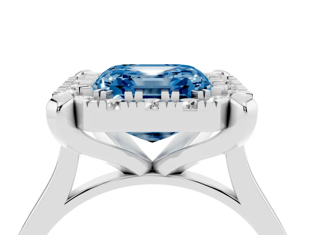 Fancy Blue Asscher Cut Diamond Cluster Halo Solitaire with Four-Prong Setting Silver