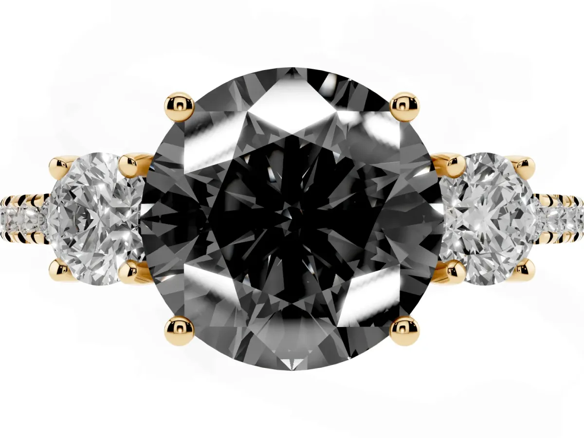 Fancy Black Three-Stone Round Cut Cut Diamond Pavé Band with Prong Setting Yellow gold