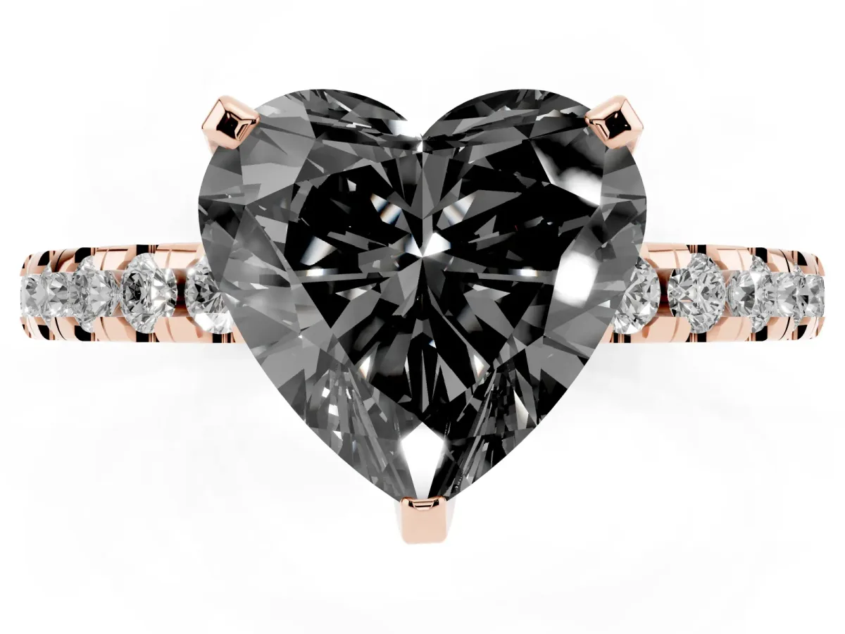 Fancy Black Heart Cut Diamond Solitaire Ring with Round Pavé Band and Four-Prong Setting Rose gold