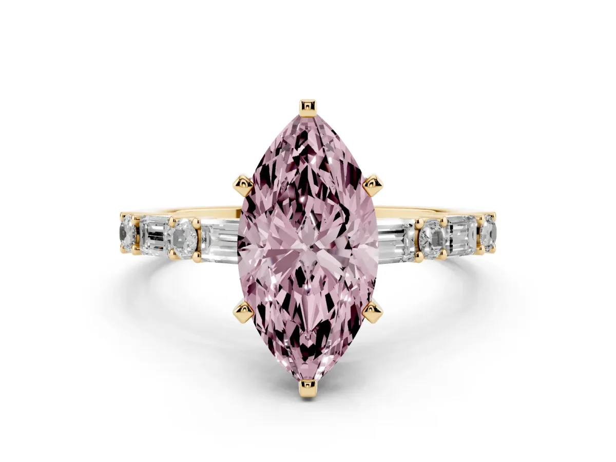 Fancy Pink Marquise Cut Diamond Solitaire with Side Baguettes and Channel Set Band Yellow gold