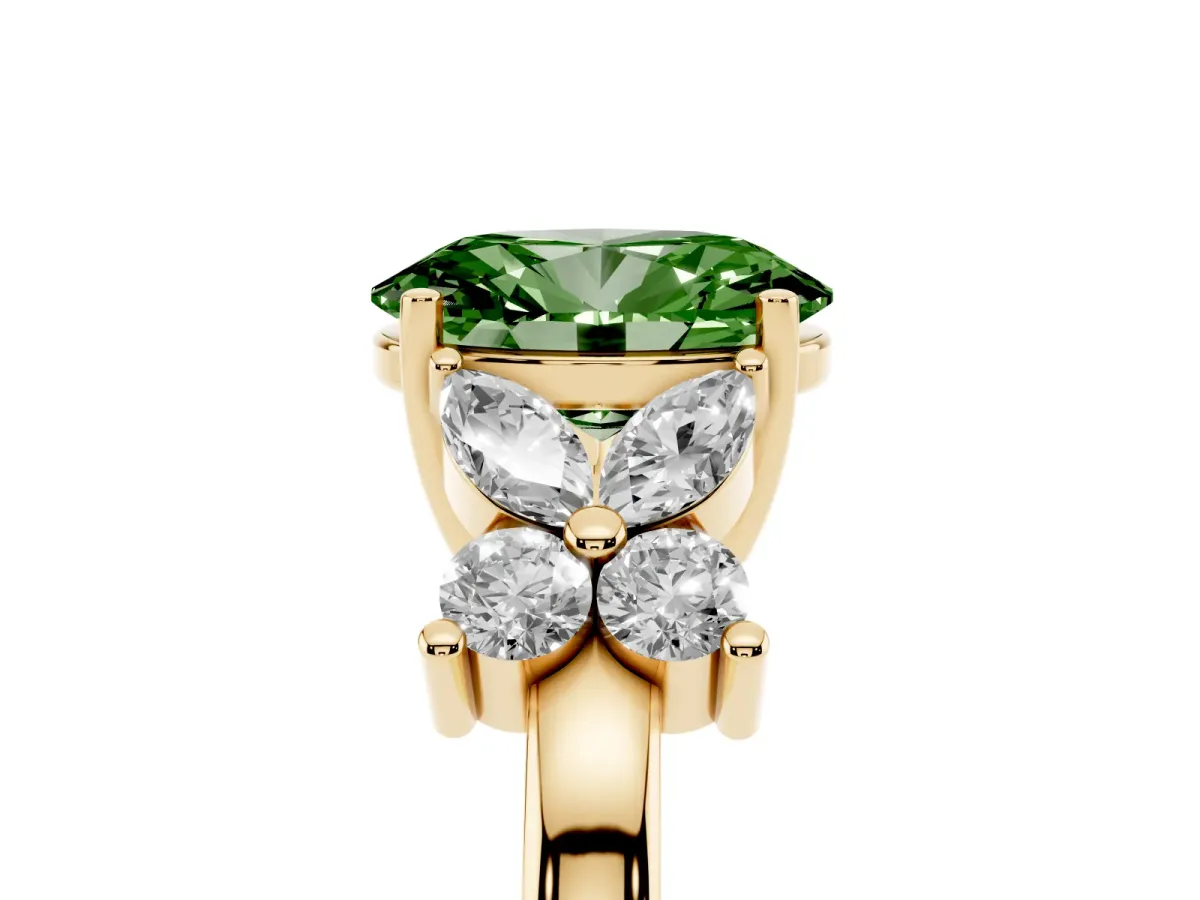 Fancy Green Oval Cut Diamond Floral Cluster Ring with Solitaire Band and Prong Setting Yellow gold