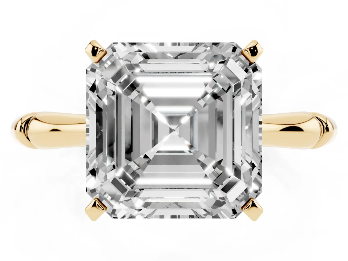 Asscher Cut Solitaire Diamond Ring with Bamboo Band and Four-Prong Setting Yellow gold