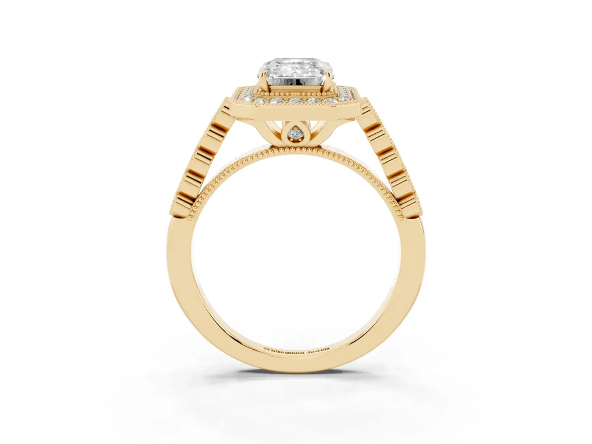 Emerald Cut Halo Milgrain Solitaire with Bezel Set Side Stones and Pave Band Yellow gold