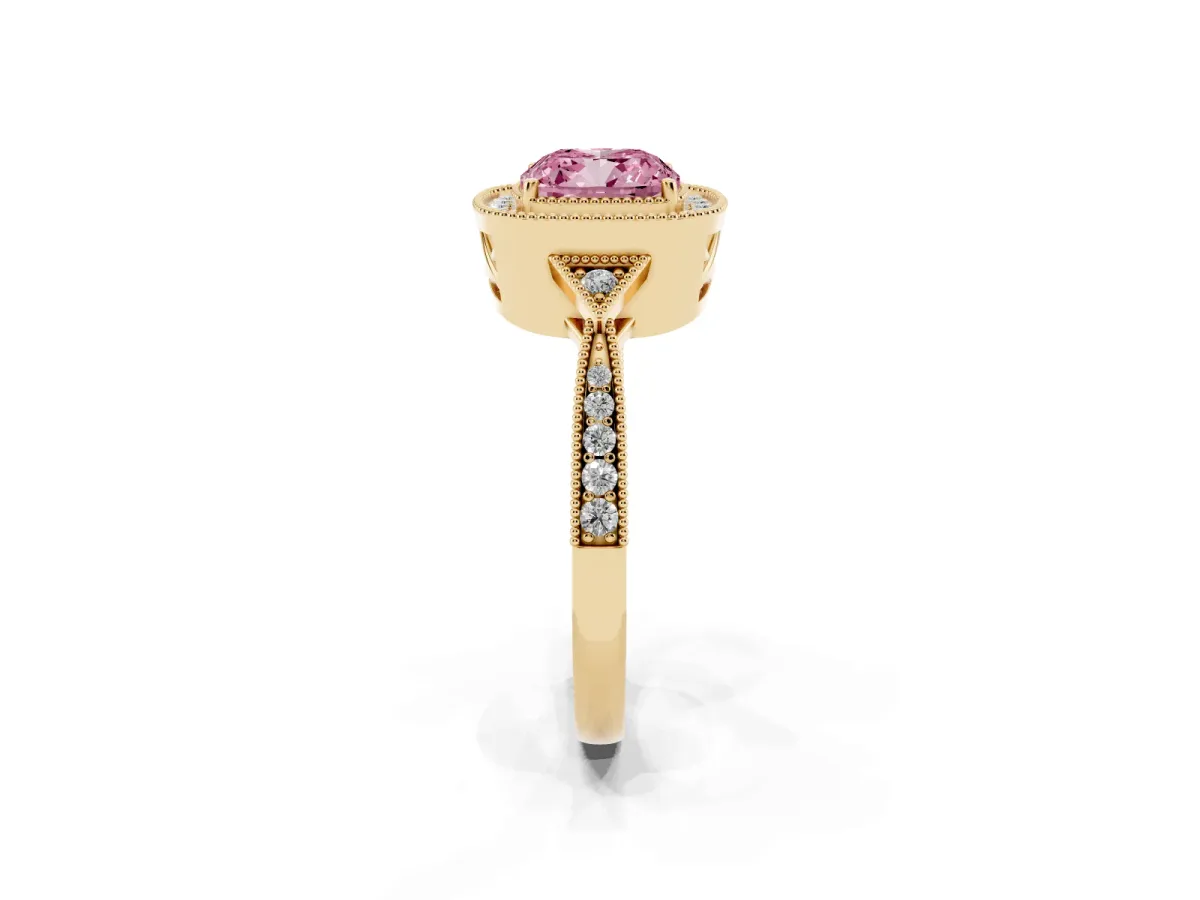 Fancy Pink Cushion Cut Halo Round Diamond Milgrain Pave Engagement Ring Yellow gold