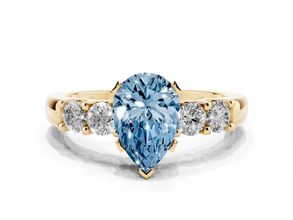 Fancy Blue Pear Cut Brilliant Cut Diamond Five-Stone Prong Set Engagement Ring with Channel Band Yellow gold