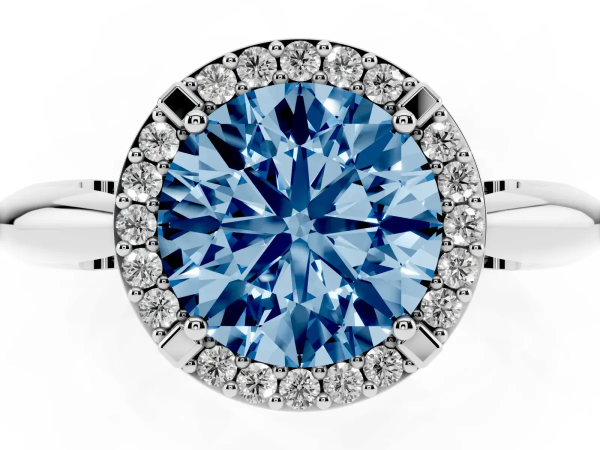 Fancy Blue Round Cut Cut Diamond Halo Engagement Ring with Split Shank and Four-Prong Setting Silver