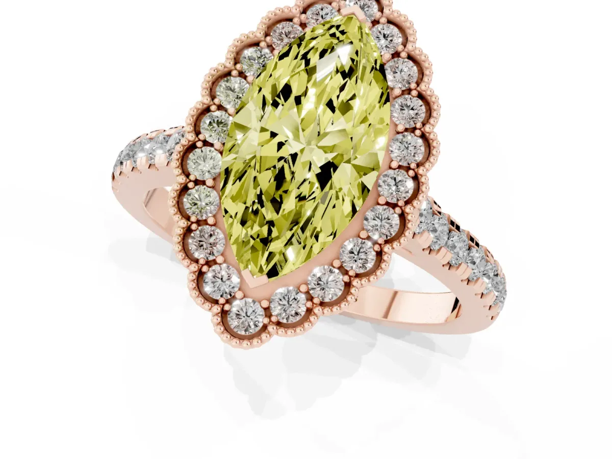 Fancy Yellow Marquise Cut Cut Diamond Milgrain Floral Halo Engagement Ring with Pavé Band Rose gold