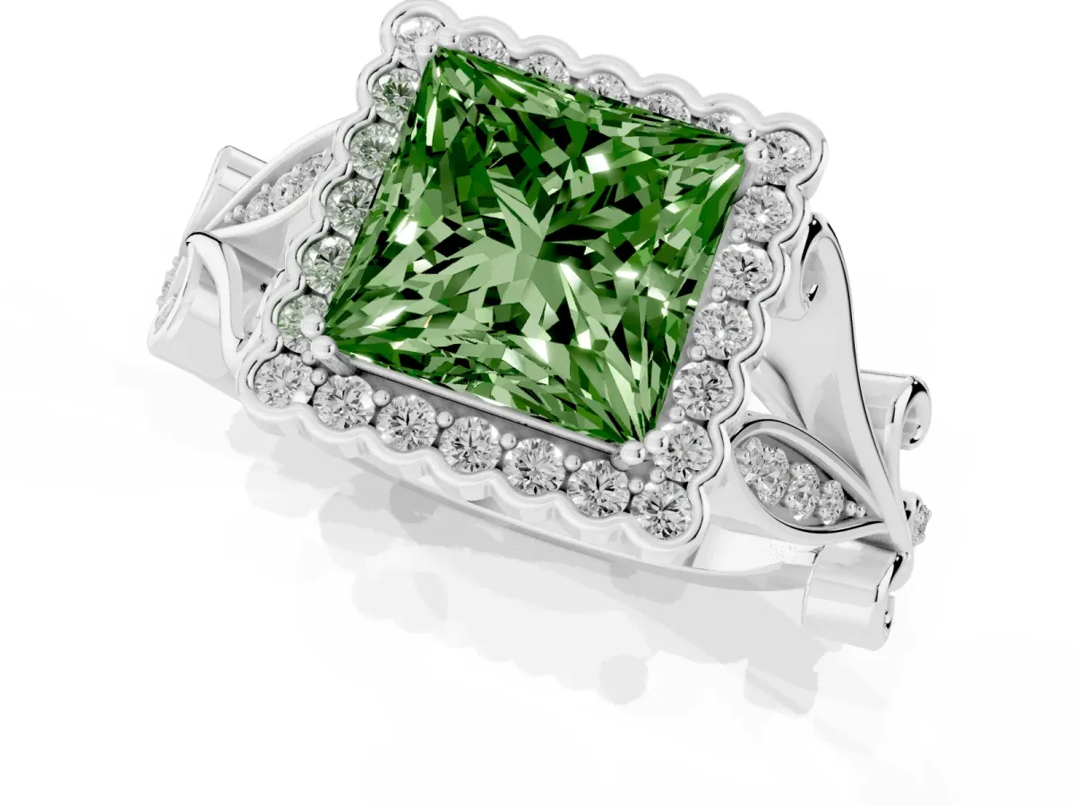 Fancy Green Princess Cut Diamond Halo Ring with Vintage Split Shank and Four-Prong Setting Platinum