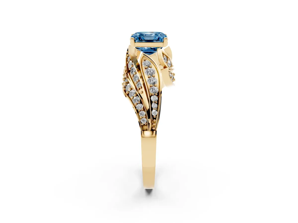 Fancy Blue Asscher Cut Diamond Solitaire Ring with Prong Setting and Twisted Pavé Band Yellow gold