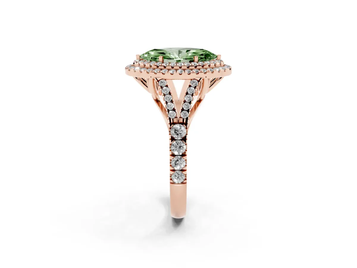Fancy Green Double Halo Marquise Cut Diamond Split Shank Engagement Ring with Four-Prong Setting Rose gold