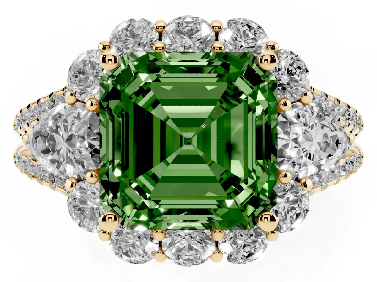 Fancy Green Asscher Cut Halo Split Shank Diamond Engagement Ring with Prong Setting Yellow gold