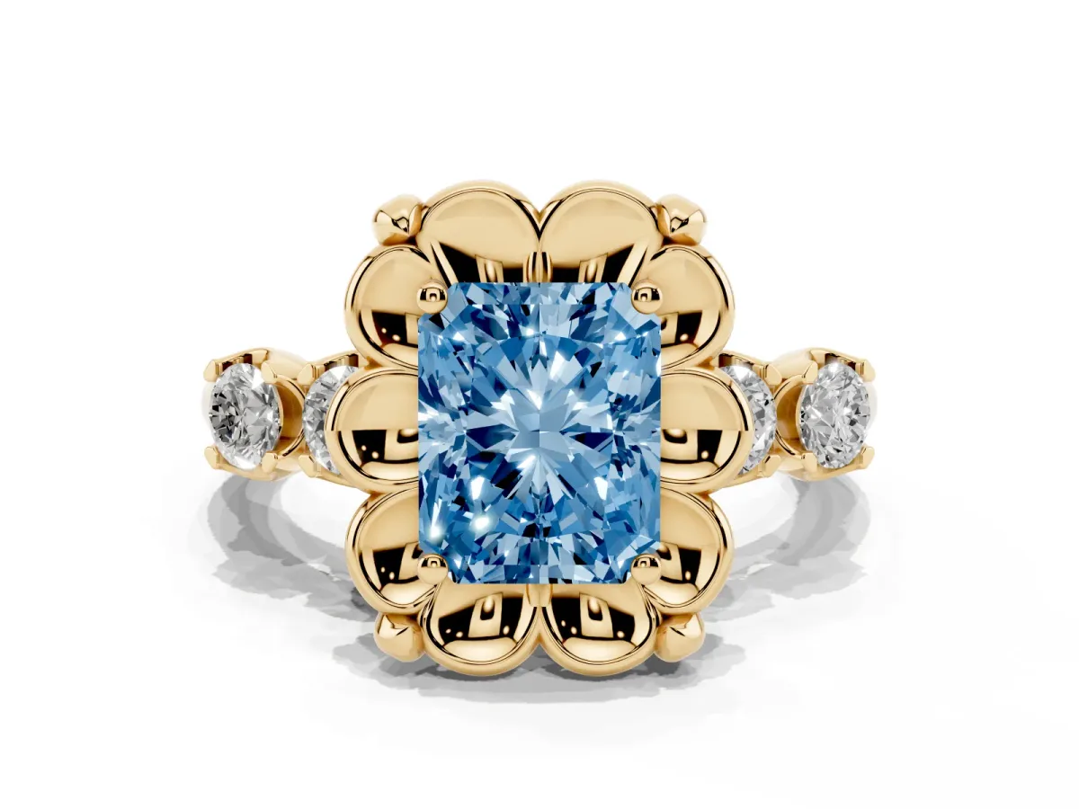 Fancy Blue Radiant Cut Cut Diamond Floral Halo Engagement Ring with Shared Prong Setting Yellow gold