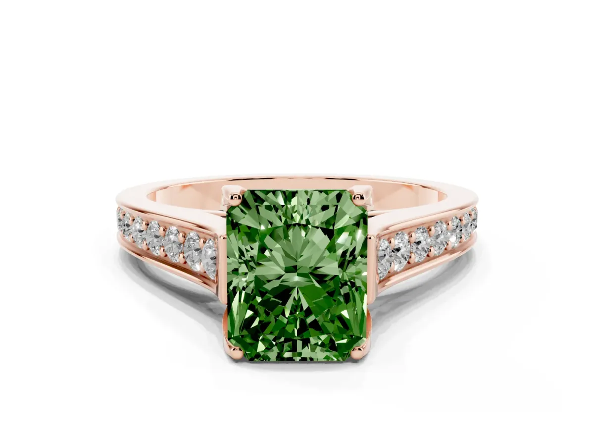 Fancy Green Radiant Cut Brilliant Cut Diamond Engagement Ring with Pavé Band and Four-Prong Setting Rose gold