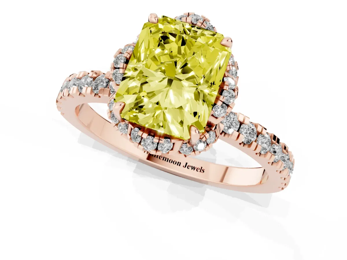 Fancy Yellow Radiant Cut Diamond Halo Pave Band with Four-Prong Setting Rose gold