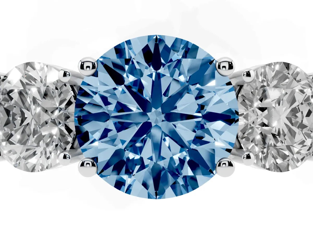Fancy Blue Three-Stone Round Cut Cut Diamond Engagement Ring with Flat Band and Four-Prong Setting Silver