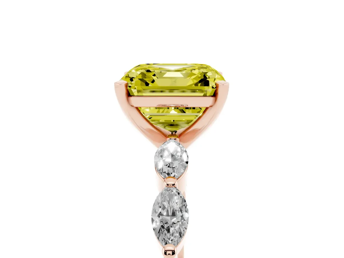 Fancy Yellow Asscher Cut Diamond Ring with Marquise Side Stones and Prong Setting Rose gold