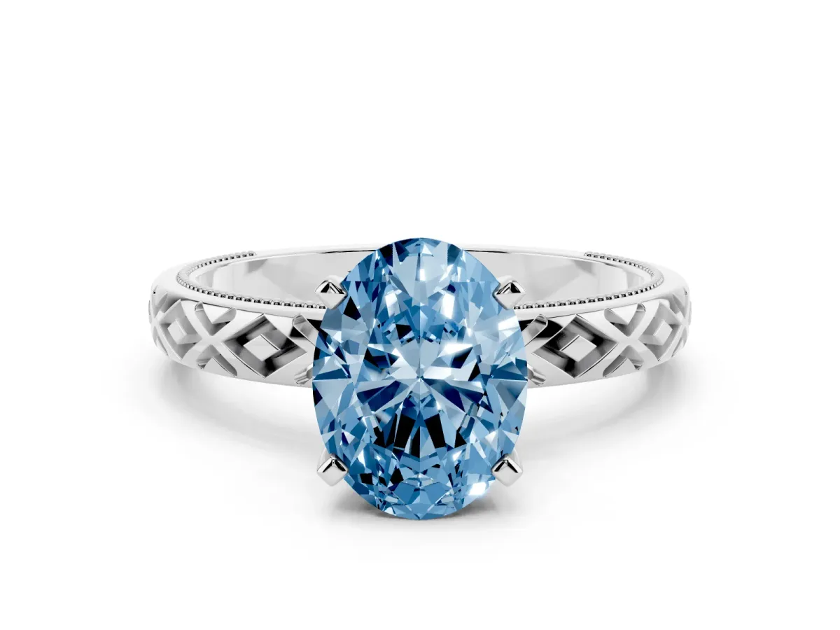 Fancy Blue Oval Cut Solitaire Diamond Ring with Milgrain and Black Enamel X Pattern Band Platinum