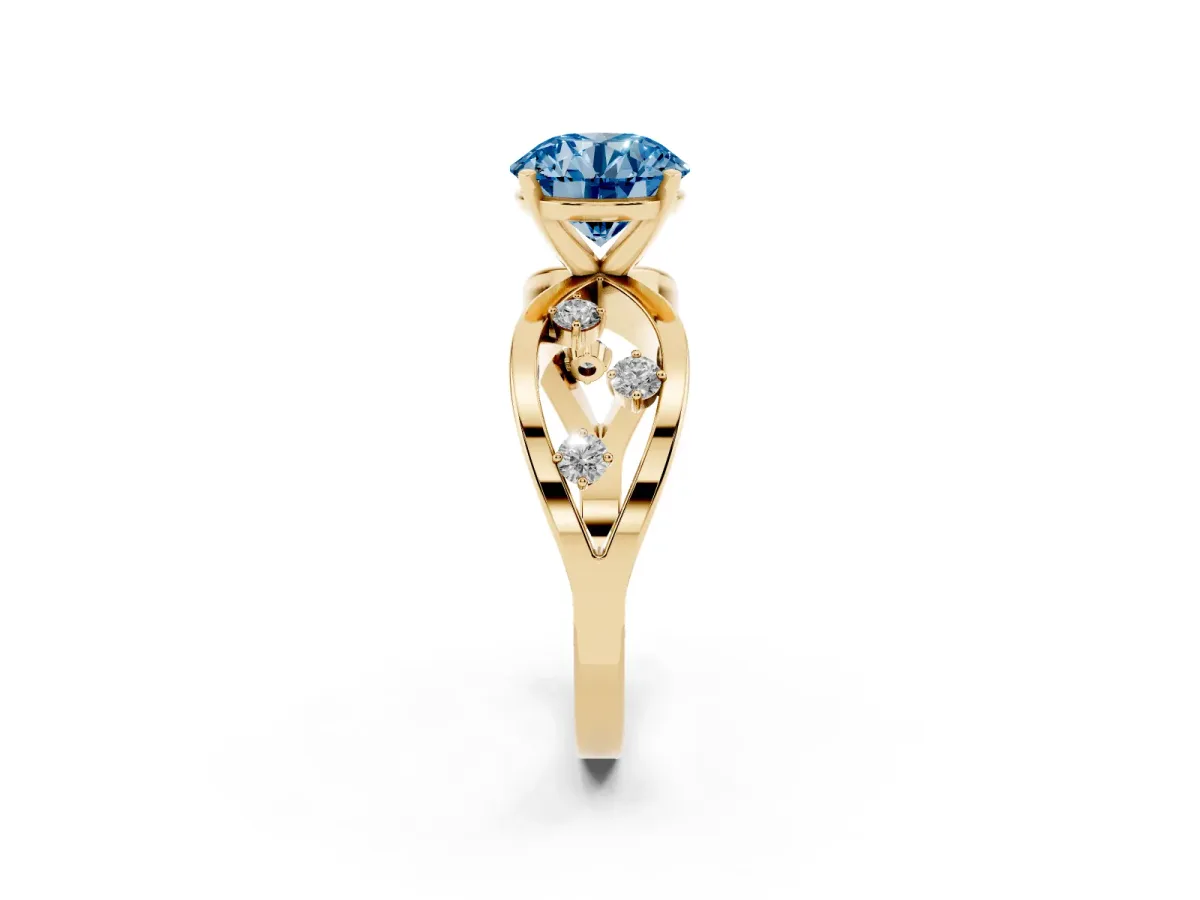 Fancy Blue Round Cut Cut Solitaire Diamond with Side Stones on Criss-Cross Band and Four-Prong Setting Yellow gold