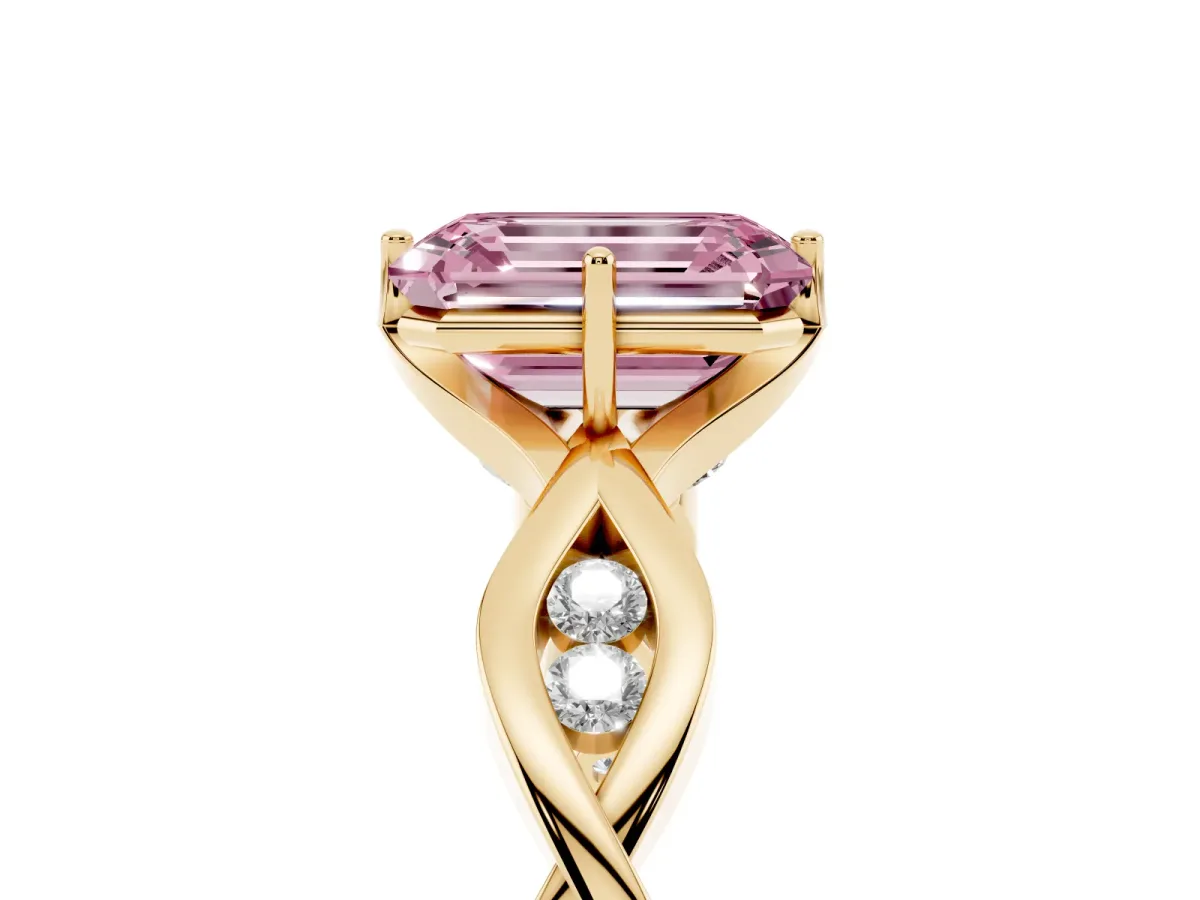 Fancy Pink Emerald Cut Solitaire Twist Band with Leaf Prong Setting Yellow gold