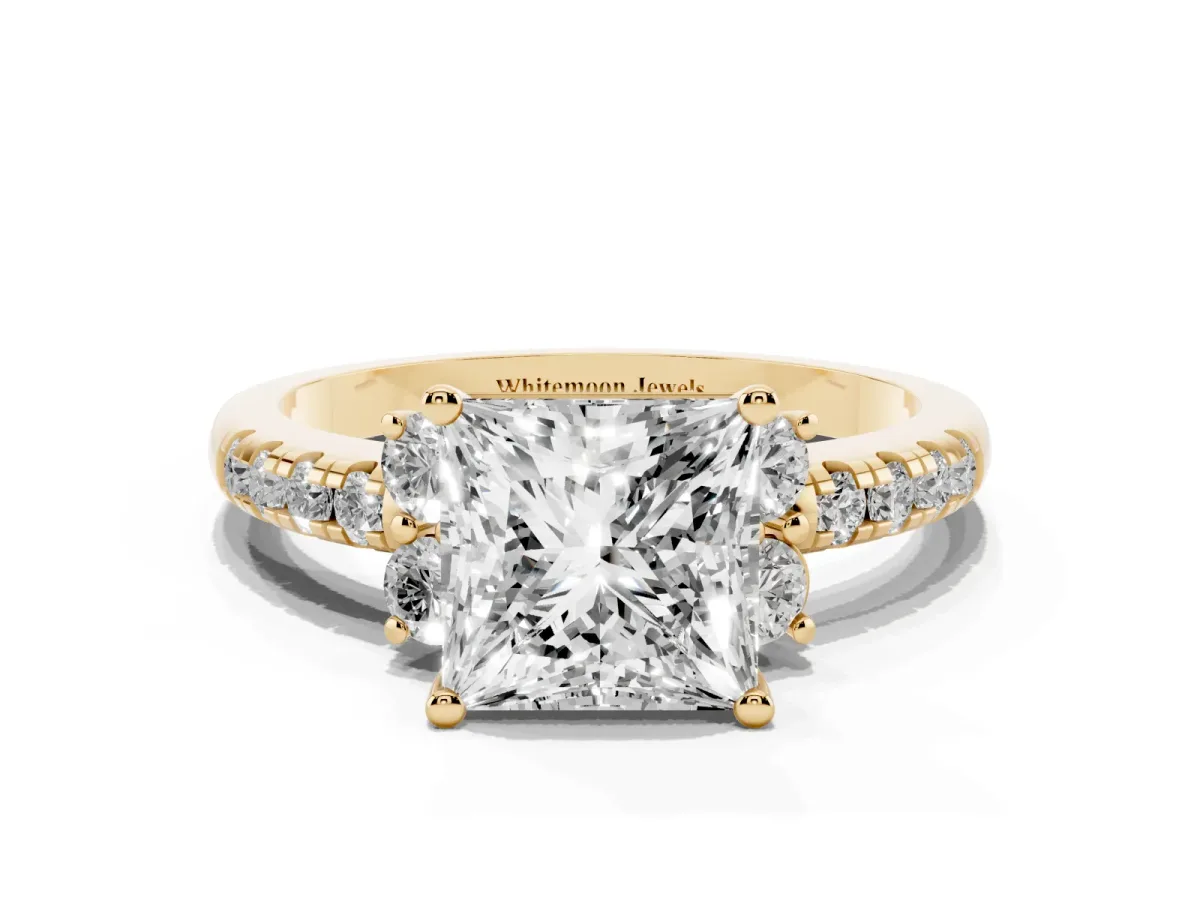 Princess Cut Diamond Three-Stone Pave Band with Four-Prong Setting Yellow gold