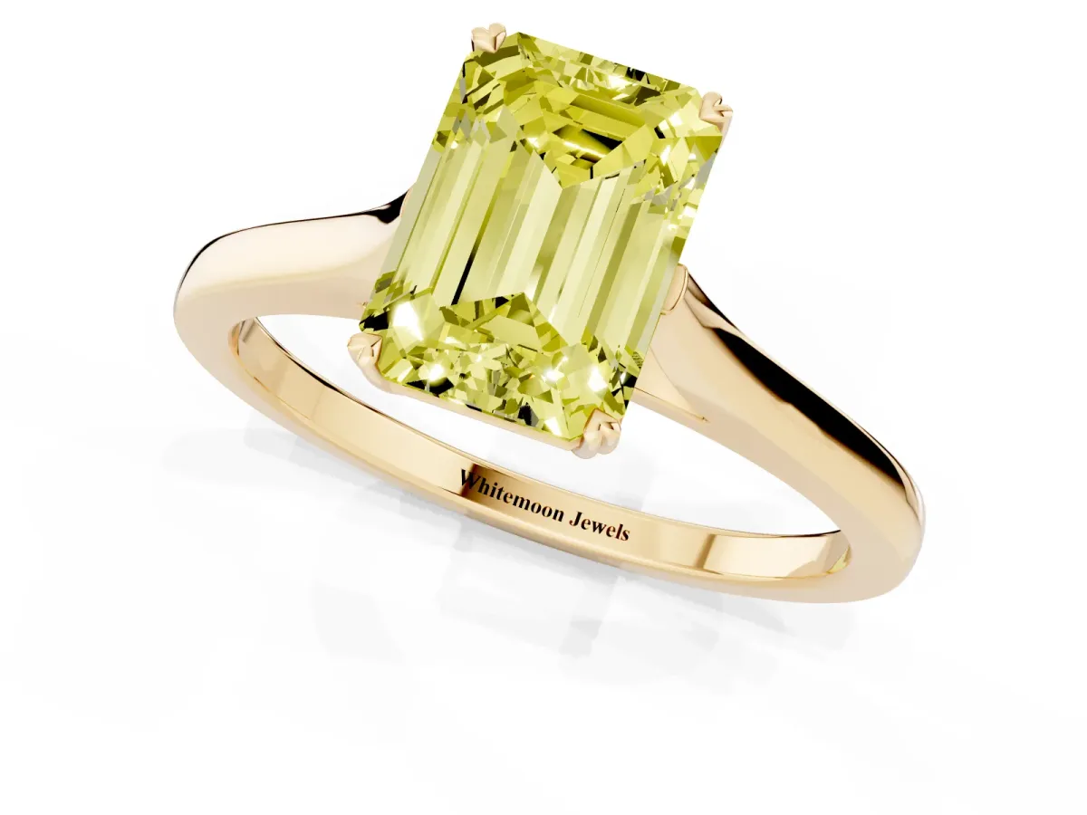 Fancy Yellow Emerald Cut Solitaire Heart Prong Engagement Ring with Tapered Band Yellow gold