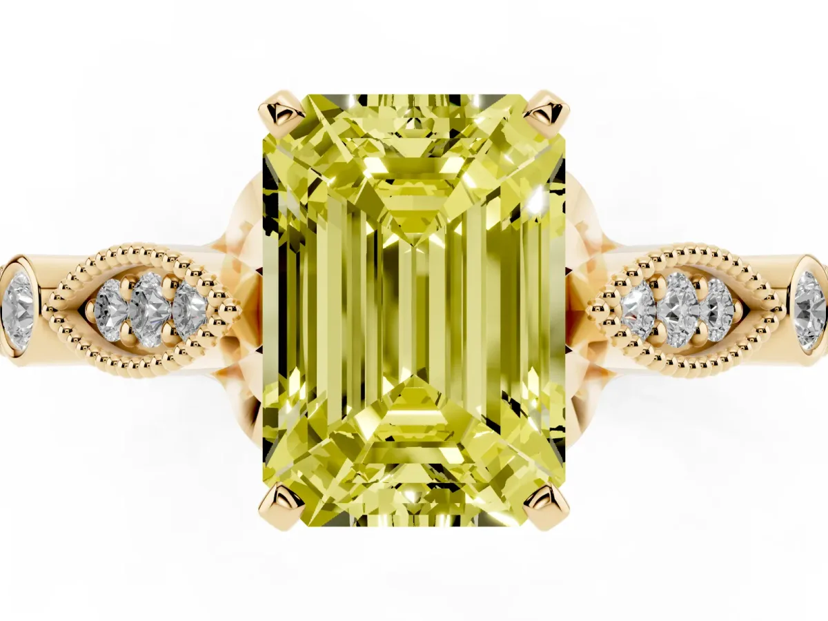 Fancy Yellow Emerald Cut Cut Diamond with Milgrain Marquise and Bezel Accents on a Solitaire Band with Prong Setting Yellow gold