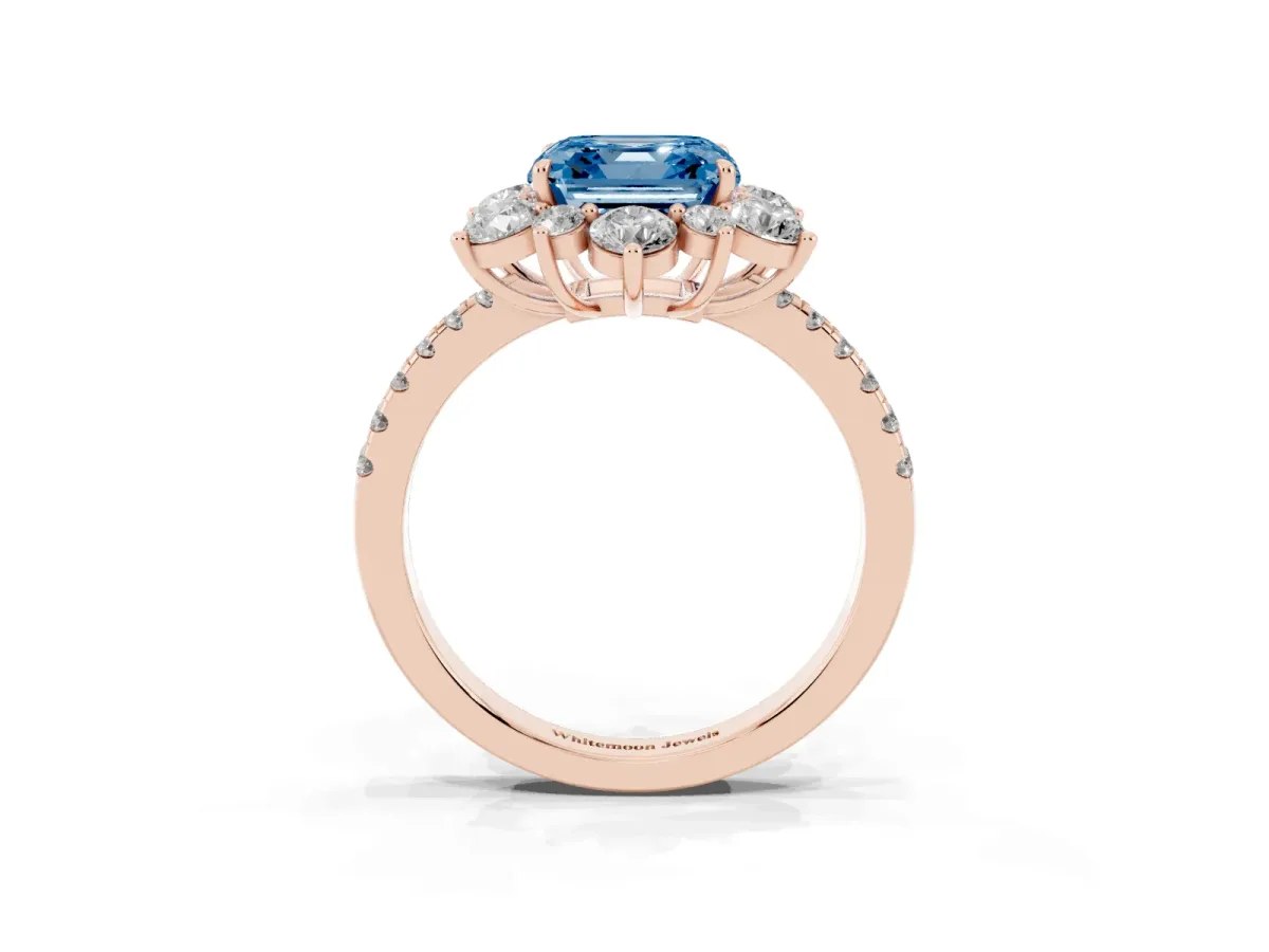 Fancy Blue Asscher Cut Diamond Floral Halo Ring with Round Pavé Band and Prong Setting Rose gold