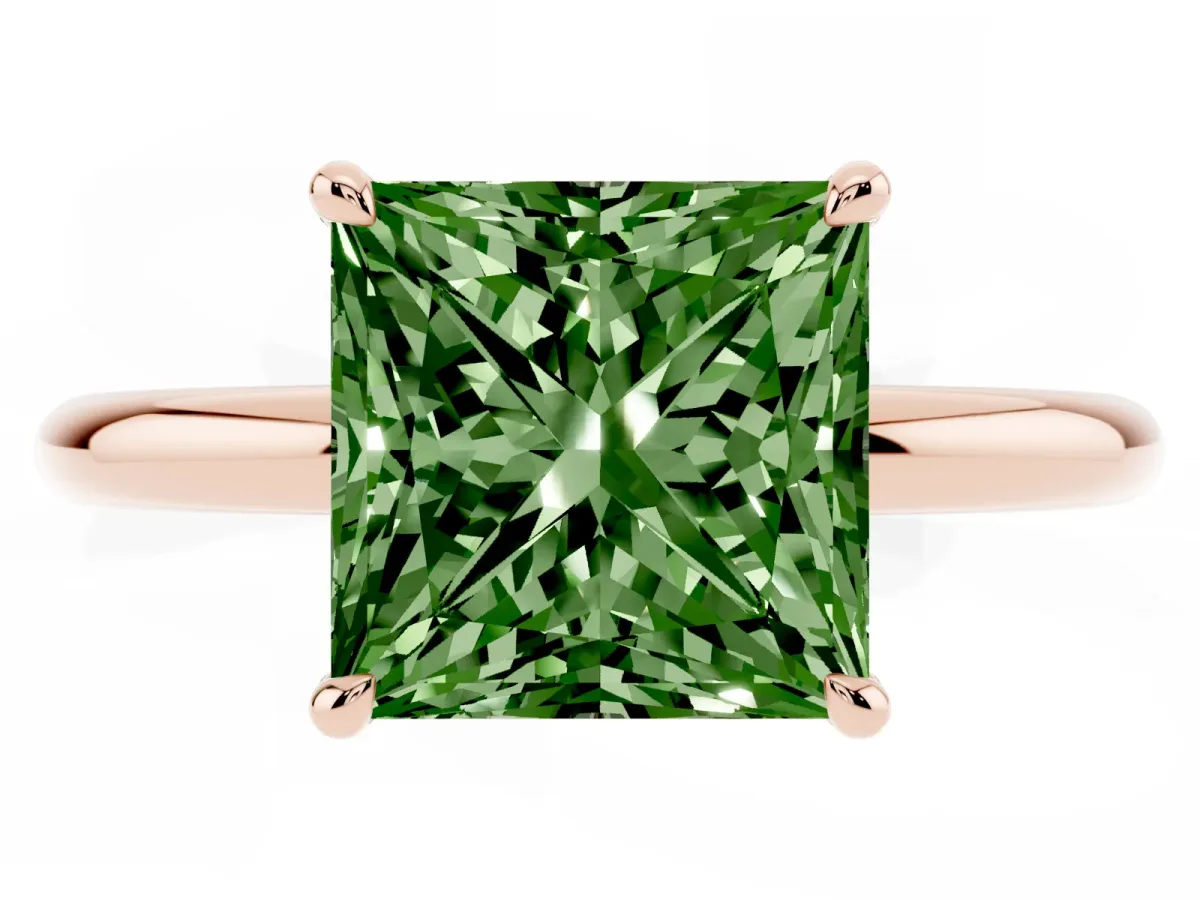 Fancy Green Princess Cut Diamond Solitaire Ring with Thin Band and Four-Prong Setting Rose gold