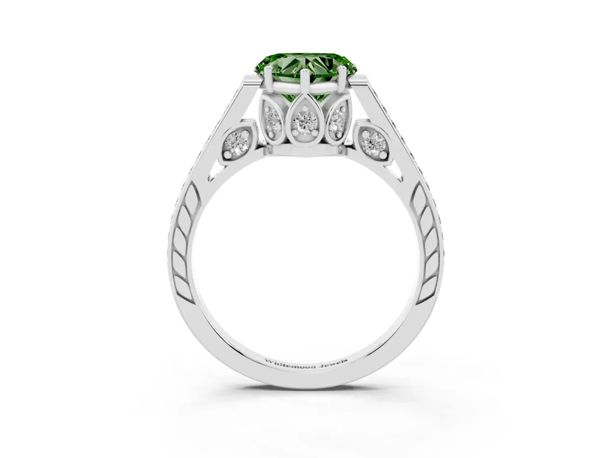 Fancy Green Heart Cut Cut Cathedral Pave Diamond Engagement Ring with Six-Prong Setting Silver