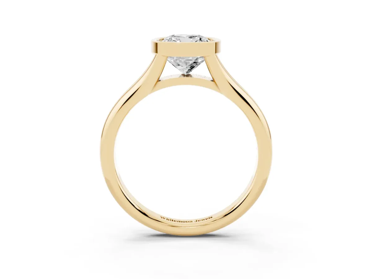 Bezel Set Cushion Cut Solitaire Diamond Ring with Smooth Band Yellow gold