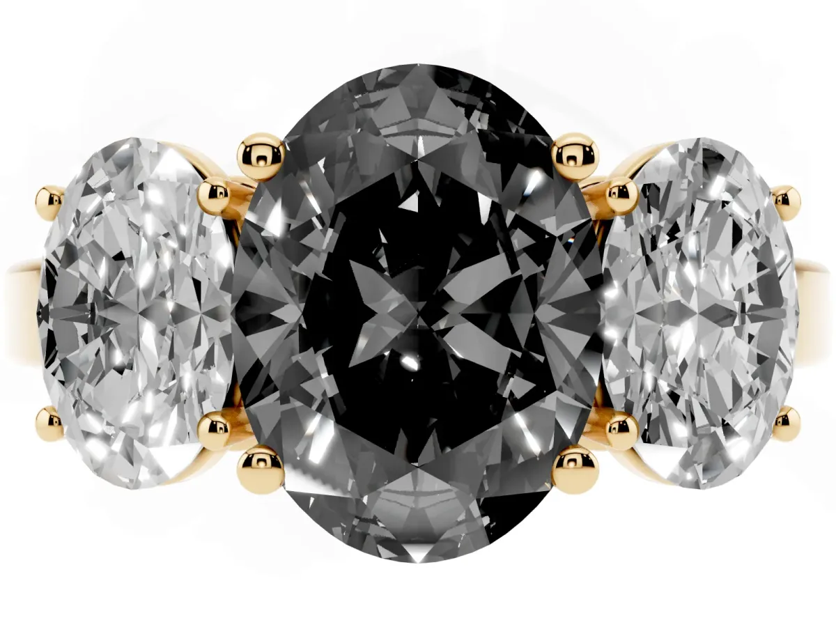 Fancy Black Three-Stone Oval Cut Cut Diamond Engagement Ring with Flat Band and Four-Prong Setting Yellow gold