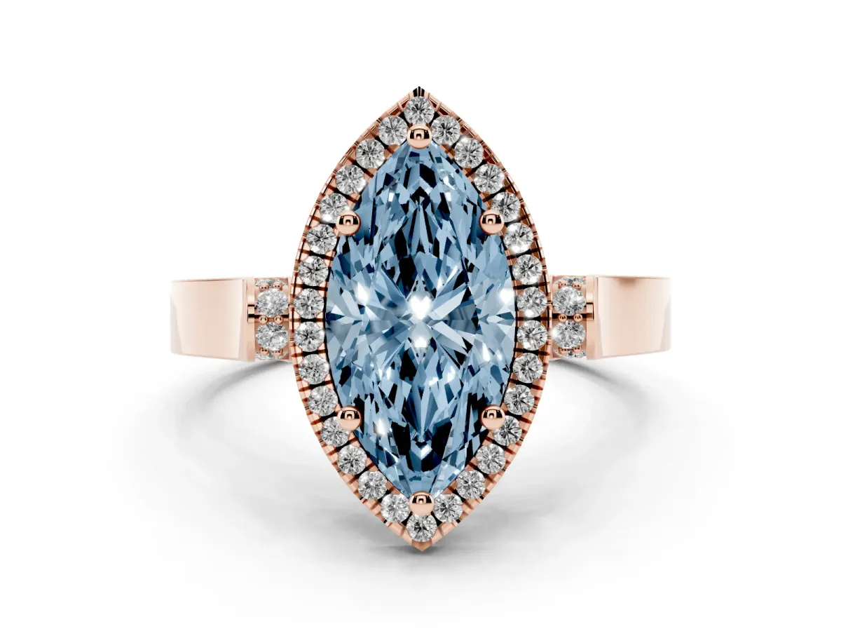 Fancy Blue Marquise Cut Halo Round Diamond Twist Band with Four-Prong Setting Rose gold