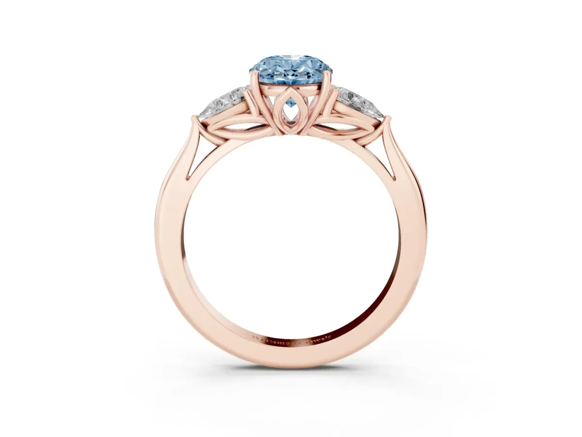 Fancy Blue Oval Cut Diamond Three-Stone Ring with Pear Side Stones and Prong Setting Rose gold