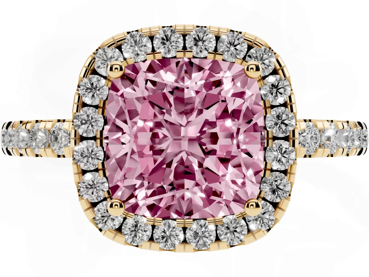 Fancy Pink Cushion Cut Halo Diamond Engagement Ring with Pavé Band and Four-Prong Setting Yellow gold