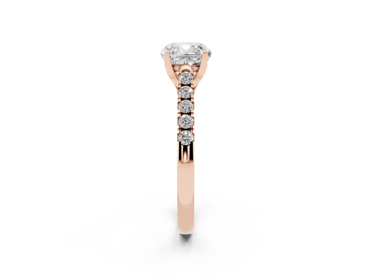 Cushion Cut Diamond Pavé Band Solitaire Ring with Prong Setting Rose gold