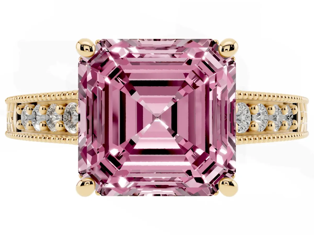 Fancy Pink Asscher Cut Solitaire Pavé Diamond Milgrain Engagement Ring with Four-Prong Setting Yellow gold
