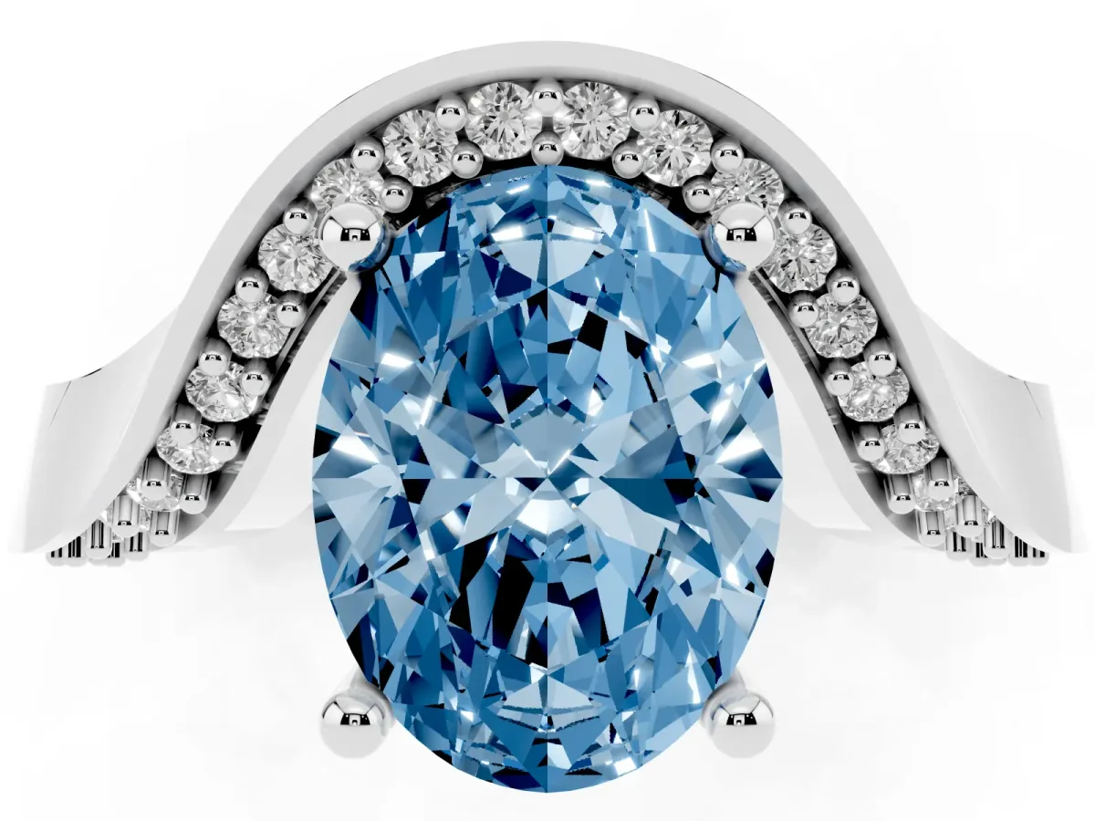 Fancy Blue Oval Cut Solitaire Diamond Engagement Ring with Pave Band and Four-Prong Setting Silver