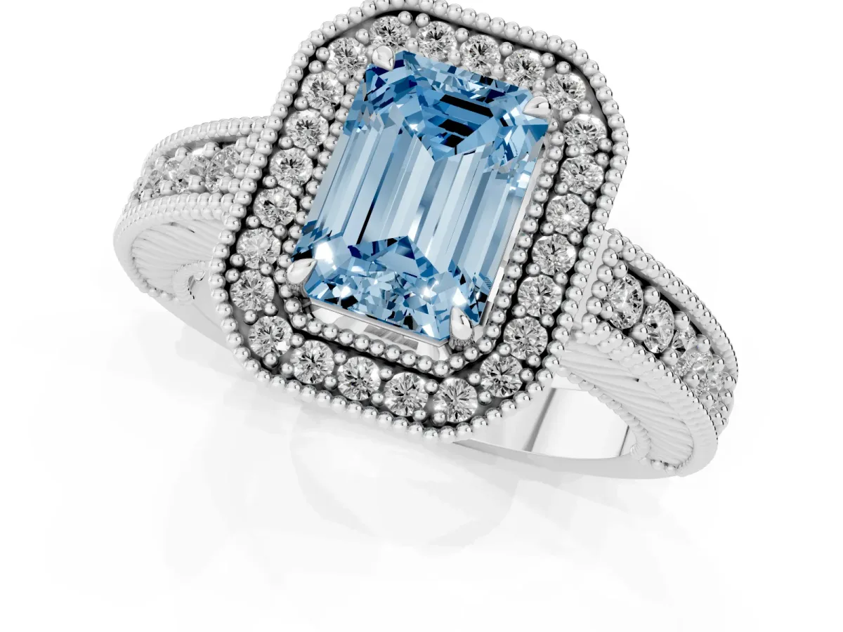 Fancy Blue Emerald Cut Cut Halo Diamond Ring with Pavé Band and Four-Prong Setting White gold