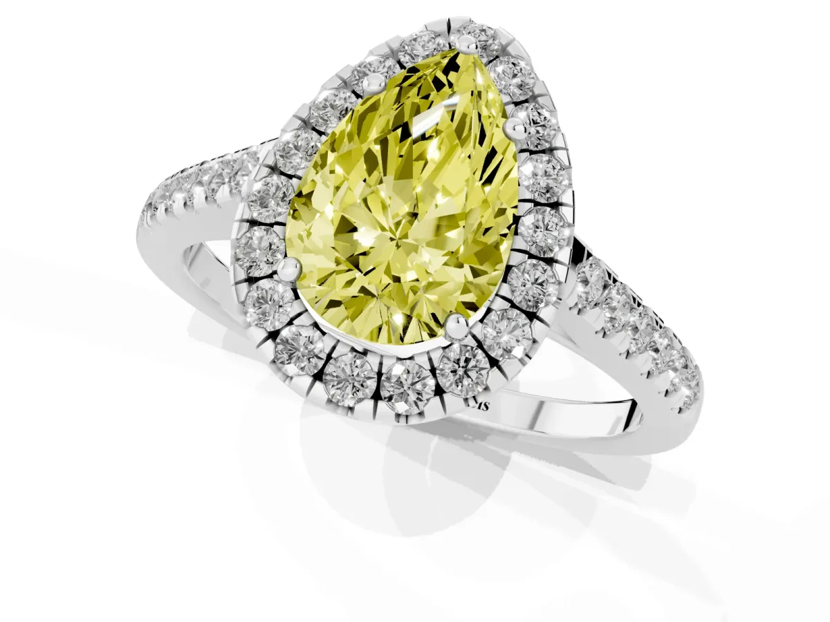 Fancy Yellow Pear Cut Halo Pave Diamond Engagement Ring with Four-Prong Setting Silver